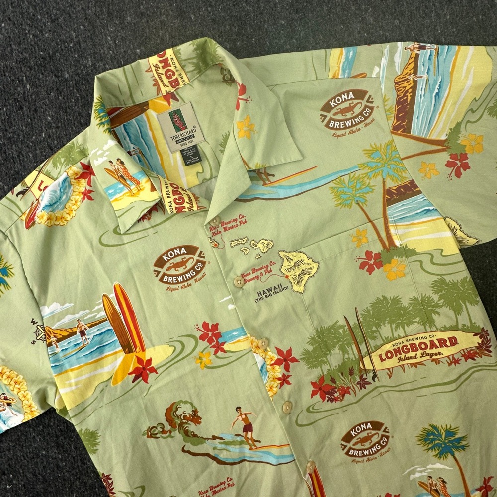 Vtg 00s Tori Richard Hawaii Aloha Shirt S Small Kona Beer Liquid Aloha Plumeria